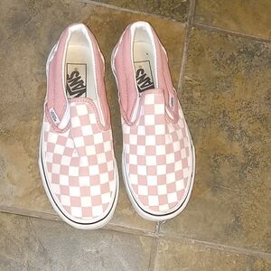 Vans Womens Pink and White Checkered Slip-On Shoes